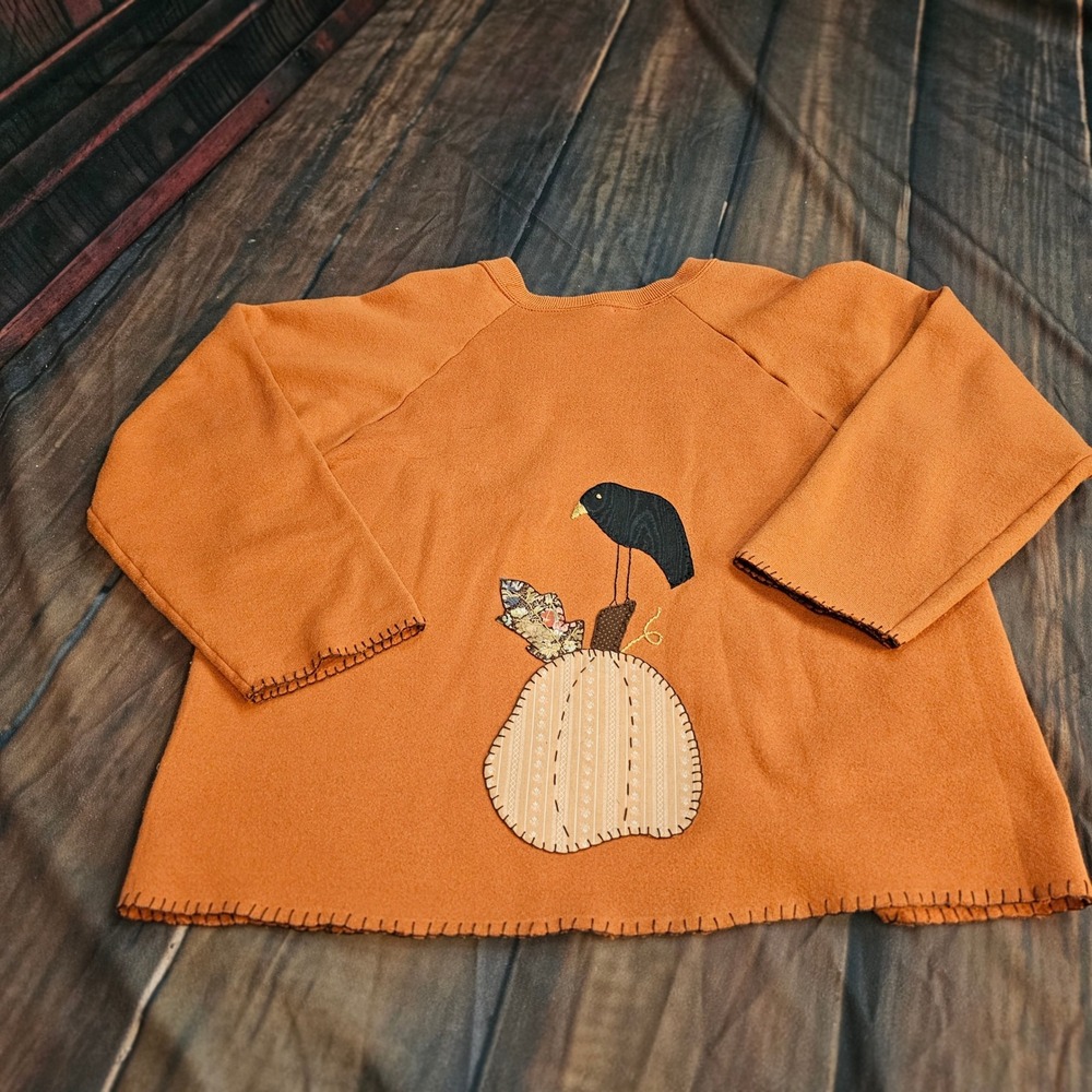Vintage 1990s Handcrafted Pumpkin Patch Cardigan Sweatshirt Orange Folk Art Lg - Picture 5 of 14